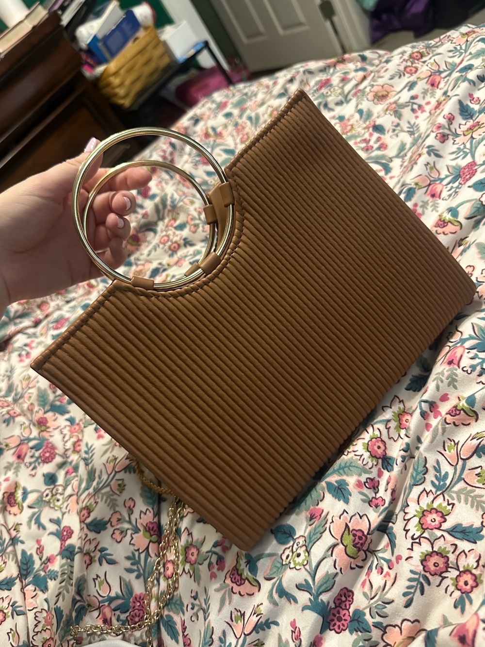 Brown Ribbed Handbag with Gold Ring Handles